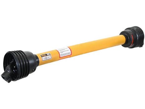 Close-up of the yellow Sparex GARDLOC PTO Shaft (Lz) with black ends, featuring protective guards and a small informational label in the middle. This model, Sparex Part Number S.128676, includes the GARDLOC Clutch for added durability.