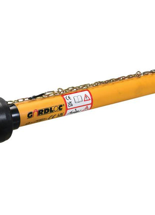 A yellow GARDLOC PTO shaft (Lz length: 880mm) with black protective end covers, 1 3/8'' x 6 spline Q.R., and a 35mm Pinhole Yoke, labeled and equipped with a chain, by Sparex | Part Number: S.128685.