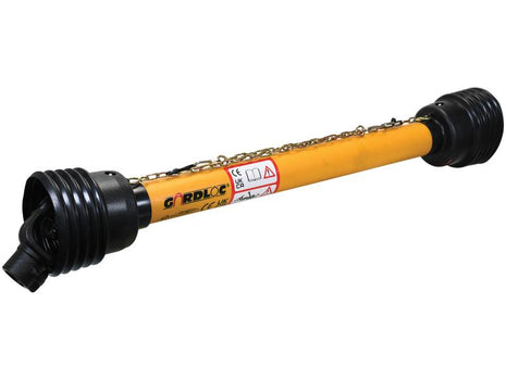 A yellow GARDLOC PTO shaft (Lz length: 880mm) with black protective end covers, 1 3/8'' x 6 spline Q.R., and a 35mm Pinhole Yoke, labeled and equipped with a chain, by Sparex | Part Number: S.128685.