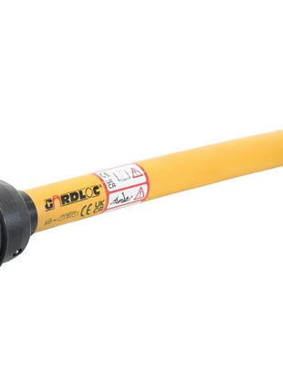 Image of the GARDLOC PTO Shaft by Sparex, featuring a yellow tube with black universal joints and safety labels, measuring 1010mm in length and compatible with various PTO series. This PTO shaft includes a 1 3/8'' x 6 Spline Q.R. to 1 3/8'' x 6 Spline Overunning Clutch (Clockwise), indicated by Sparex Part Number: S.128686.