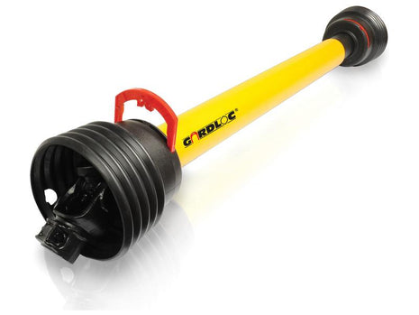 The JMCE DEALS GARDLOC PTO Shaft at a special price features a yellow and black design with a protective guard and an easy-to-use red Gardloc safety handle. This shaft, suited for connecting agricultural equipment to tractors, has a length of 1010mm and includes a Tractor End 1 3/8'' x 6 Spline Q.R. for secure fitment according to Sparex Part Number: S.128691.