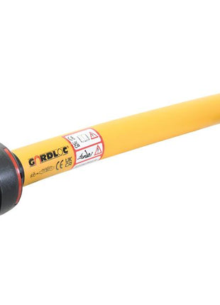 The Sparex GARDLOC PTO Shaft (Sparex Part Number: S.128692), featuring a length of 1210mm and equipped with a Shear Bolt Limiter, is designed in yellow and black, includes protective coverings, and has clear safety labels for enhanced security.