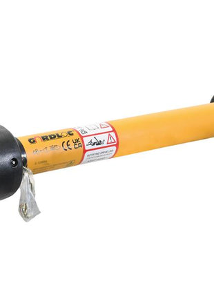 A GARDLOC PTO shaft from Sparex, measuring 880mm in length and featuring 1 3/8'' x 6 spline Q.R. to 1 3/8'' x 6 spline overrunning clutch (clockwise), comes in yellow with black protective covers at both ends, attached warning labels, and offers the renowned reliability of the PTO Series AB5/A5. The Sparex part number for this product is S.128694.