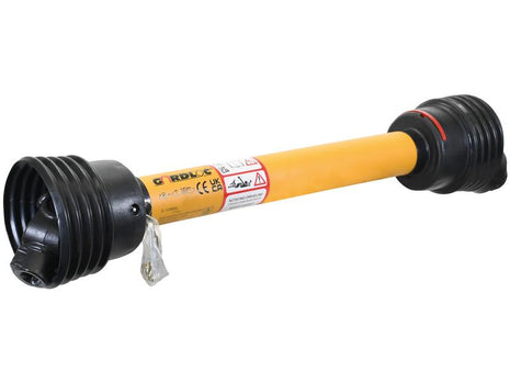 A GARDLOC PTO shaft from Sparex, measuring 880mm in length and featuring 1 3/8'' x 6 spline Q.R. to 1 3/8'' x 6 spline overrunning clutch (clockwise), comes in yellow with black protective covers at both ends, attached warning labels, and offers the renowned reliability of the PTO Series AB5/A5. The Sparex part number for this product is S.128694.