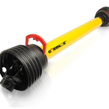 A GARDLOC PTO Shaft (Lz) with a length of 560mm and featuring a 1 3/8'' x 6 Spline Q.R. to 1 3/8'' x 6 Spline Quick Release, identified by Sparex Part Number S.128695, is shown in yellow and black on a white surface and is commonly used in farm machinery.