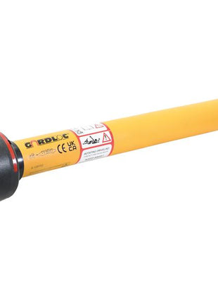 The GARDLOC PTO Shaft by Sparex, model S.128702, measures 1010mm in length and features a 1 3/8'' x 6 spline Q.R. to a 1 3/8'' x 6 spline overrunning clutch (clockwise). This yellow and black shaft comes equipped with protective covers on both ends and displays safety and compliance labels along its length.