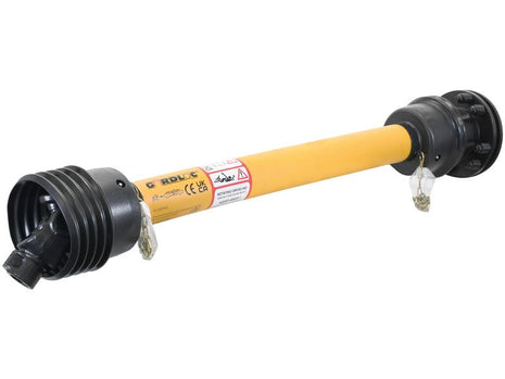 A yellow and black GARDLOC PTO Shaft, measuring 1010mm in length with safety labels and metal connectors attached at each end, features a Sparex S.128703 Friction Disc Clutch for enhanced performance.