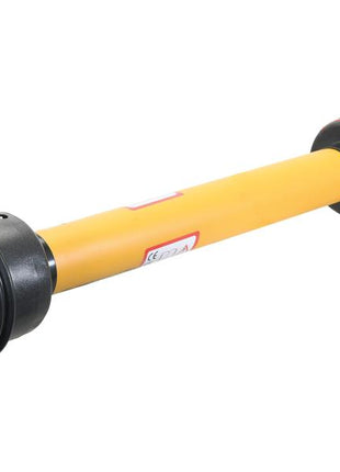 An image of a yellow and black mechanical drive shaft with universal joints on both ends, similar to the Sparex GARDLOC PTO Shaft (Lz) Length: 860mm, 1 3/8'' x 6 Spline Q.R. to 1 3/8'' x 6 Spline Friction Disc Clutch (Sparex Part Number: S.128704), typically used in transmitting torque in vehicles or industrial machinery.