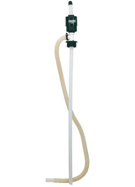 The Draper Siphon Drum Pump - WBSDP, by Draper, is a battery-operated fuel transfer pump with a green housing, featuring a rigid suction tube attached to a long flexible hose for dispensing diesel exhaust fluid.