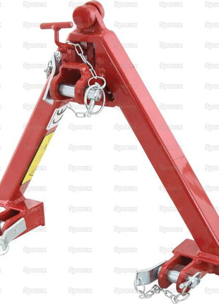 The A Frame Quick Hitch System (Cat.Communal) CE Approved, by Sparex (Sparex Part Number: S.140531), is a red metal hitch attachment featuring three points, chains, and locking pins for securing to machinery. CE approved for reliable use, it boasts a high load capacity suitable for communal equipment needs.