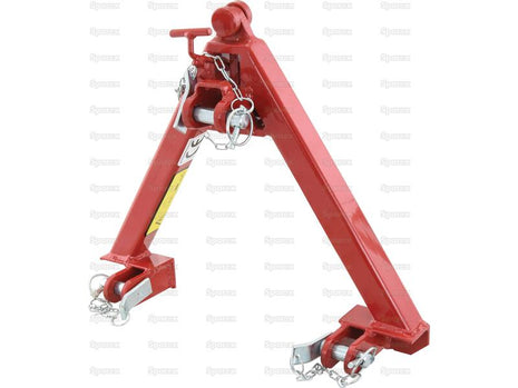 The A Frame Quick Hitch System (Cat.Communal) CE Approved, by Sparex (Sparex Part Number: S.140531), is a red metal hitch attachment featuring three points, chains, and locking pins for securing to machinery. CE approved for reliable use, it boasts a high load capacity suitable for communal equipment needs.