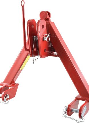 The A Frame Quick Hitch System (Cat.0) CE Approved - S.140555 by Sparex is a red three-point hitch attachment for tractors, featuring pins and chains for secure connection with a Cat. 0 load capacity.