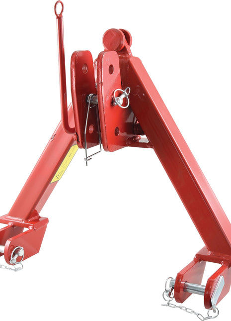 The A Frame Quick Hitch System (Cat.0) CE Approved - S.140555 by Sparex is a red three-point hitch attachment for tractors, featuring pins and chains for secure connection with a Cat. 0 load capacity.