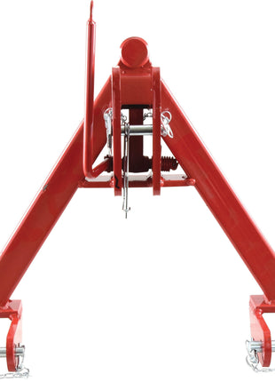 The Sparex A Frame Quick Hitch System (Cat.0) CE Approved - S.140555 is a red triangular three-point tractor hitch with hooks and chains, designed for attaching implements to a tractor and ensuring reliable use.