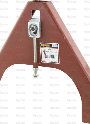 A CE-approved red triangular A Frame Implement Attachment (Cat. Special) by Sparex (Part Number: S.140559), featuring a label and an adjustable screw assembly, designed for special duty applications.