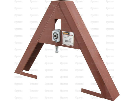 The A Frame Implement Attachment (Cat. 0), also known as Sparex Part Number S.140561, is a light-duty metal A-frame support equipped with mounting brackets and an adjustable bolt. Painted brown and CE approved, this product is ideal for industrial or construction purposes.