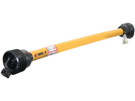 The GARDLOC PTO Shaft by Sparex, featuring a 1510mm length and 1 3/8'' x 6 Spline Q.R. to 1 3/8'' x 6 Spline Overrunning Clutch (Clockwise), includes yellow protective coverings with black ends and is clearly labeled with warnings. This product is identified as Sparex Part Number: S.143028.