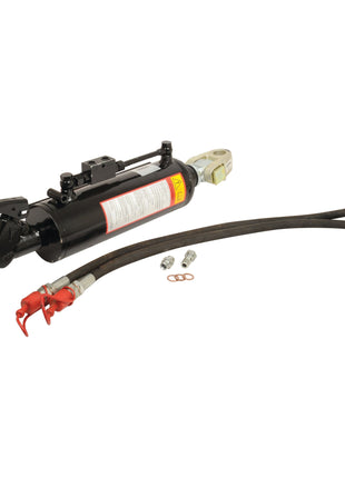 A *SPECIAL PRICE* Hydraulic Top Link (Cat.3/3) with a knuckle and Quick Release CBM Hook, featuring a 90mm cylinder bore and a minimum length of 620mm (Sparex Part No. S.144047) from JMCE DEALS is displayed against a plain white background, complete with attached hoses and additional fittings.