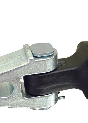 Close-up of a mechanical component featuring the JMCE DEALS *SPECIAL PRICE* - Hydraulic Top Link (Cat.3/3) Knuckle and Q.R CBM Hook, with a 90mm cylinder bore attached to a cylindrical part. The image showcases detailed textures of the metal and assembly, emphasizing the precision engineering characteristic of systems like this Hydraulic Top Link.