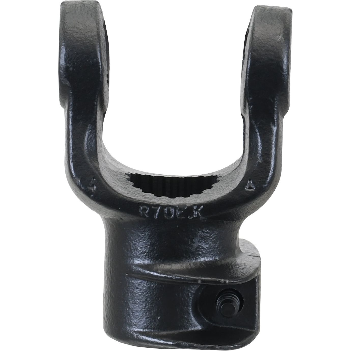 This Sparex PTO Yoke - Quick Release (U/J Size: 35 x 106.5mm), specifically designed for various PTO Series applications, features a U-shaped fork and a splined interior measuring 1 3/4''-20. It incorporates a threaded securing mechanism on the lower part to ensure it meets precise universal joint dimensions, bearing the Sparex Part No.S.14431.