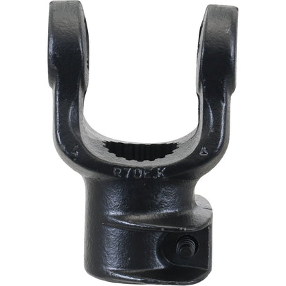 This Sparex PTO Yoke - Quick Release (U/J Size: 35 x 106.5mm), specifically designed for various PTO Series applications, features a U-shaped fork and a splined interior measuring 1 3/4''-20. It incorporates a threaded securing mechanism on the lower part to ensure it meets precise universal joint dimensions, bearing the Sparex Part No.S.14431.