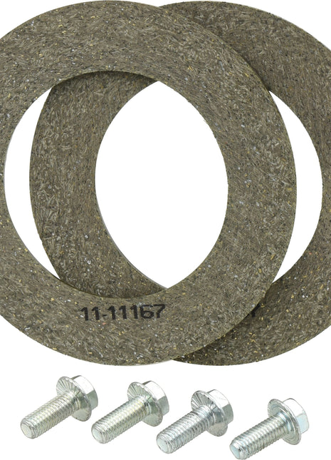 The TorQmaster Friction Clutch Repair Kit from Sparex (Sparex Part No.S.144364) features two round friction discs with textured surfaces and four short bolts with hexagonal heads on a white background.