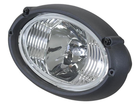 Close-up of a Work Light (Halogen), Oval, RH & LH, 12V from Sparex, with a reflective interior and a transparent lens, mounted in a black casing. This Sparex Part Number S.147668 flush mount halogen light ensures optimal visibility.