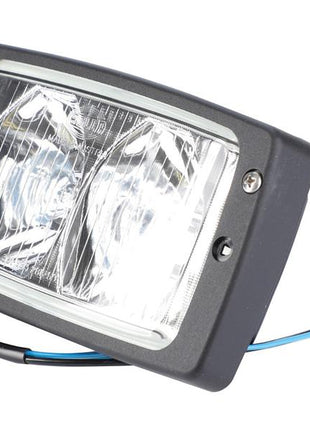 The Sparex Work Light (Halogen), Rectangular, RH, 12V with Sparex Part Number S.147673 features a black frame, houses a durable halogen bulb, and carries an IP5K4K rating with wiring attached.