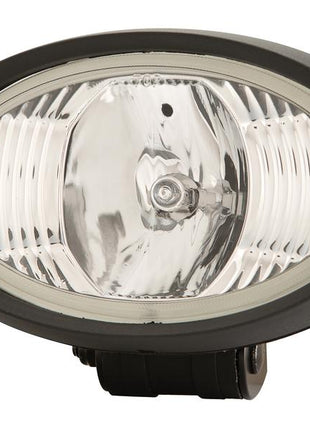 The Sparex Work Light (Halogen), Oval, RH & LH, 12V (Sparex Part Number: S.147686) is an oval-shaped outdoor wall light fixture featuring a clear glass cover, a black frame, and a halogen light.