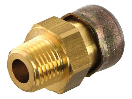 Close-up of the Axle Breather (Sparex Part Number: S.148401), a brass threaded fitting with a metal cap, used for connecting pipes or hoses in plumbing or hydraulic systems. This high-quality Sparex component is essential for reliable connections.