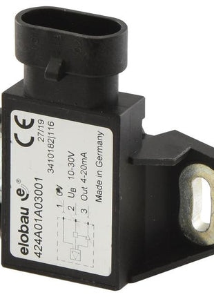 A compact black and white Ground Speed Sensor labeled "elobau" with technical specifications printed on it. Featuring a connector at the top and mounting brackets on either side, this component is identified by Sparex Part Number S.148734 and is listed under Tariff Code 8708942010.