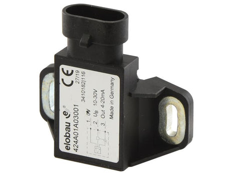 A compact black and white Ground Speed Sensor labeled "elobau" with technical specifications printed on it. Featuring a connector at the top and mounting brackets on either side, this component is identified by Sparex Part Number S.148734 and is listed under Tariff Code 8708942010.