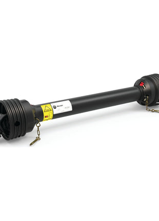 Image of a PTO Shaft by Sparex, model S.149193 from the Italian Series AB6/A6, featuring a black cylindrical mechanical component with yellow safety labels, two connectors on each end, and small metallic chains attached to the connectors. The shaft has a length of 1210mm, with 1 3/8'' x 6 spline quick release to 1 3/8'' x 6 spline shear bolt limiter connections.