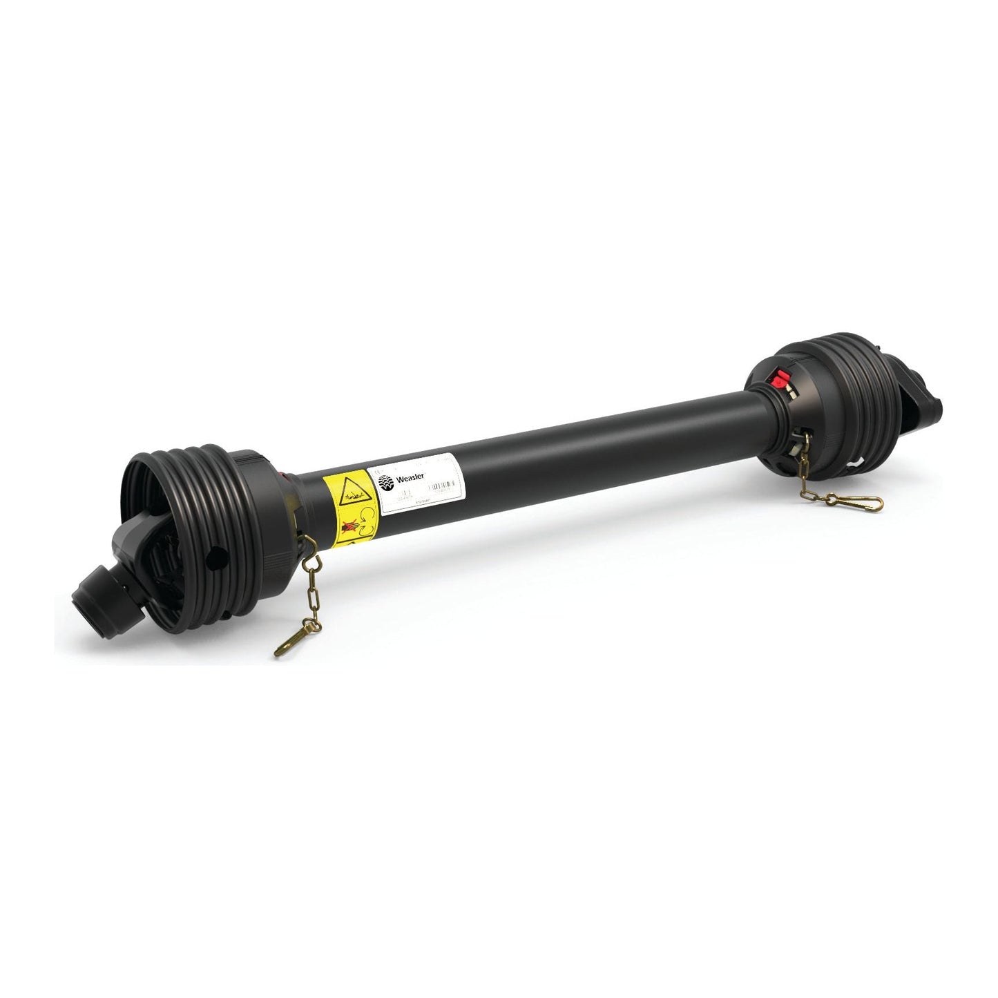 Image of a PTO Shaft by Sparex, model S.149193 from the Italian Series AB6/A6, featuring a black cylindrical mechanical component with yellow safety labels, two connectors on each end, and small metallic chains attached to the connectors. The shaft has a length of 1210mm, with 1 3/8'' x 6 spline quick release to 1 3/8'' x 6 spline shear bolt limiter connections.