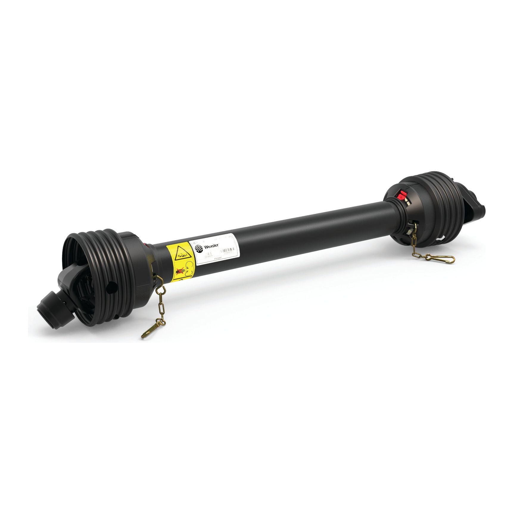 Image of a PTO Shaft by Sparex, model S.149193 from the Italian Series AB6/A6, featuring a black cylindrical mechanical component with yellow safety labels, two connectors on each end, and small metallic chains attached to the connectors. The shaft has a length of 1210mm, with 1 3/8'' x 6 spline quick release to 1 3/8'' x 6 spline shear bolt limiter connections.