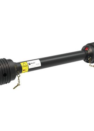 The Sparex PTO Shaft - (Lz) Length: 1210mm, featuring a 1 3/8'' x 6 Spline Q.R. to a 1 3/8'' x 6 Spline Shear Bolt Limiter (S.149193), is a black power take-off shaft with safety labels and connectors at both ends, designed for transmitting mechanical power from tractors to implements.