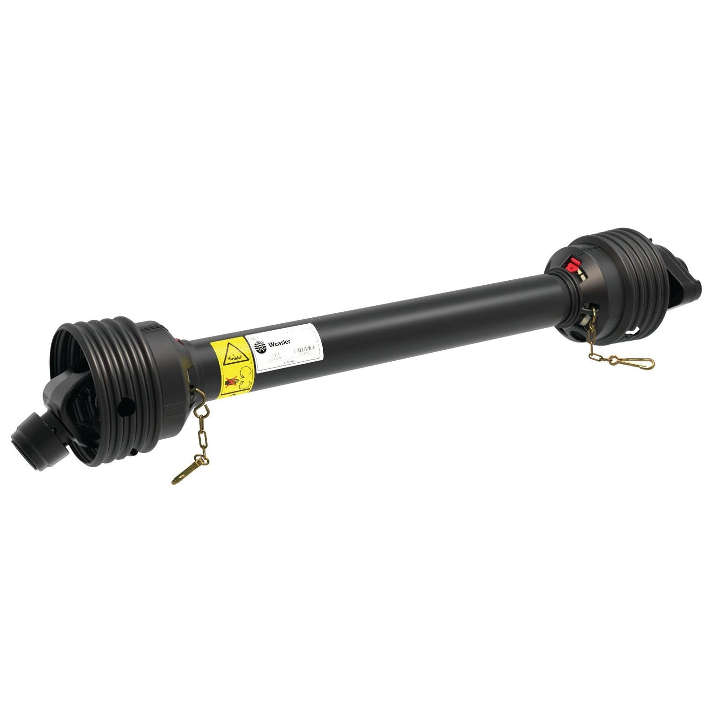 The Sparex PTO Shaft - (Lz) Length: 1210mm, featuring a 1 3/8'' x 6 Spline Q.R. to a 1 3/8'' x 6 Spline Shear Bolt Limiter (S.149193), is a black power take-off shaft with safety labels and connectors at both ends, designed for transmitting mechanical power from tractors to implements.