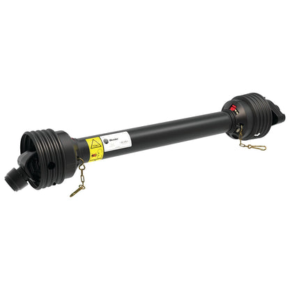 The Sparex PTO Shaft - (Lz) Length: 1210mm, featuring a 1 3/8'' x 6 Spline Q.R. to a 1 3/8'' x 6 Spline Shear Bolt Limiter (S.149193), is a black power take-off shaft with safety labels and connectors at both ends, designed for transmitting mechanical power from tractors to implements.
