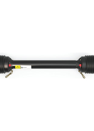 Image of a black PTO Shaft - (Lz) Length: 1210mm, 1 3/8'' x 6 Spline Q.R. to 1 3/8'' x 6 Spline Shear Bolt Limiter - S.149193 with a warning sticker and brass locking pins on both ends, featuring the Sparex Italian Series AB6/A6 Shear Bolt Limiter.