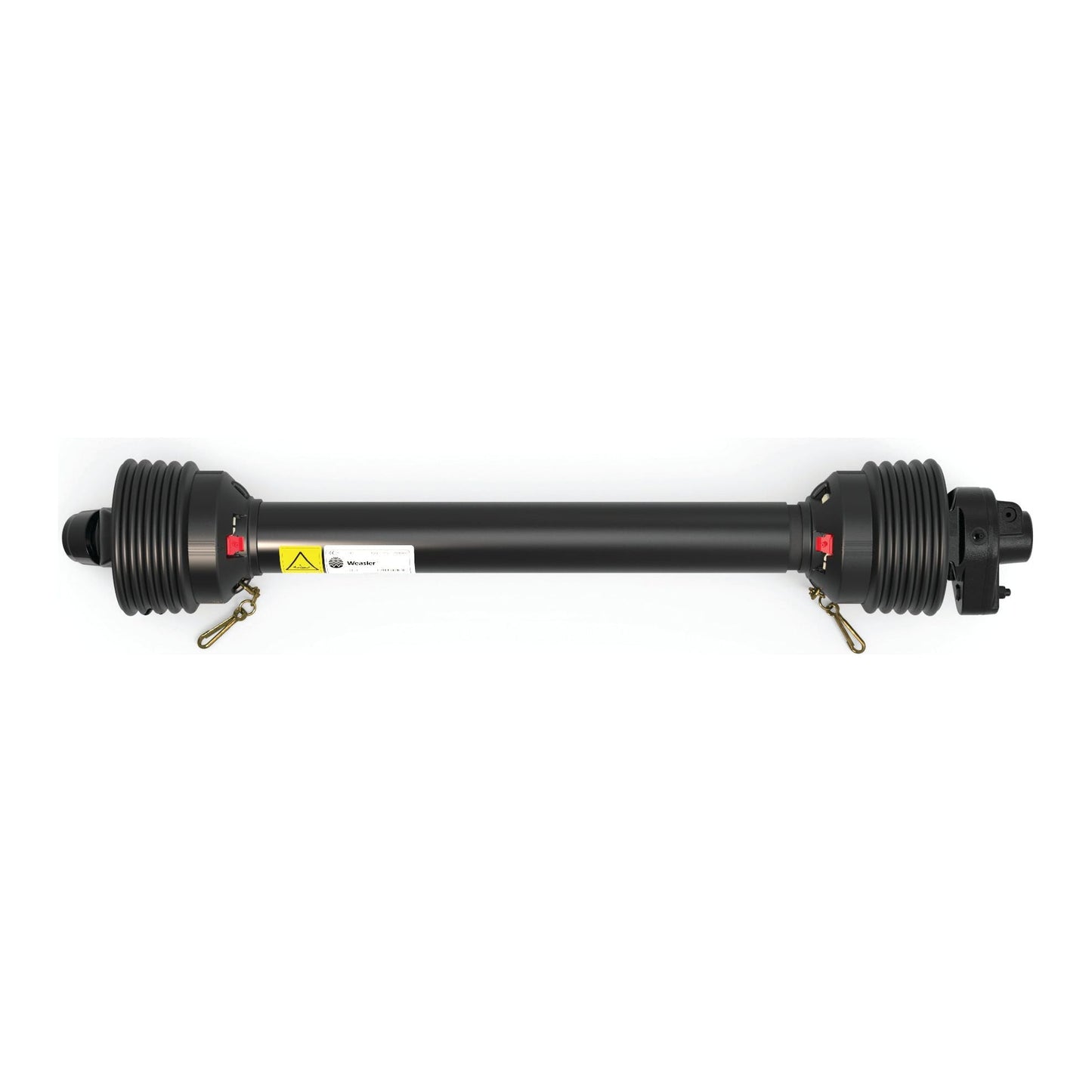Image of a black PTO Shaft - (Lz) Length: 1210mm, 1 3/8'' x 6 Spline Q.R. to 1 3/8'' x 6 Spline Shear Bolt Limiter - S.149193 with a warning sticker and brass locking pins on both ends, featuring the Sparex Italian Series AB6/A6 Shear Bolt Limiter.