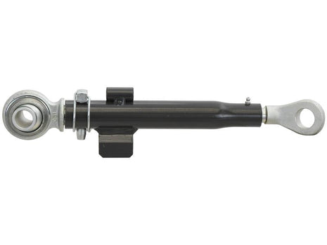 A black adjustable rod from Sparex, known as the Stabiliser (Sparex Part Number: S.150009), featuring metallic spherical rod ends with a ball diameter of 25.4mm, eyebolt diameter of 28mm, and mounting hardware attached. It has a minimum length of 401mm and an M27x3 metric thread for precision installation, making it likely suitable for machinery or vehicle suspension systems.