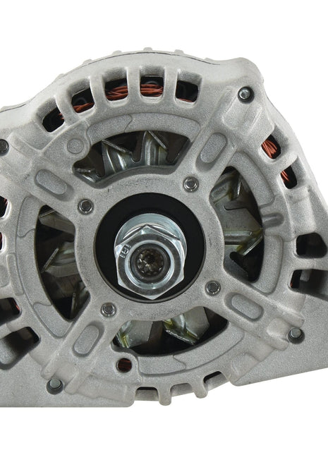 Close-up of a Sparex 12V, 120 Amp alternator (Sparex Part No. S.150785) with visible cooling vents, bolts, and electrical components, suitable for Massey Ferguson tractors.