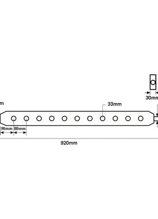 Technical drawing of a Sparex Flat Drawbar (Cat. 2) with dimensions: 920mm length, 80mm height, 28mm width, Hole Ø 11mm side holes, additional holes spaced out at intervals of 50mm, 90mm, and 80mm. Product has a total of9 holes. Sparex Part No.S.15134