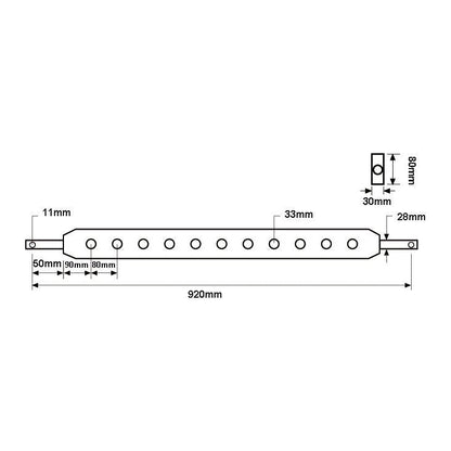 Technical drawing of a Sparex Flat Drawbar (Cat. 2) with dimensions: 920mm length, 80mm height, 28mm width, Hole Ø 11mm side holes, additional holes spaced out at intervals of 50mm, 90mm, and 80mm. Product has a total of9 holes. Sparex Part No.S.15134