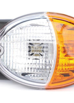 Close-up of a Sparex Front Combination Light (Halogen), 12/24V, LH, Straight | Sparex Part Number: S.151734, showcasing a headlight assembly with clear and amber lenses mounted on a black base.