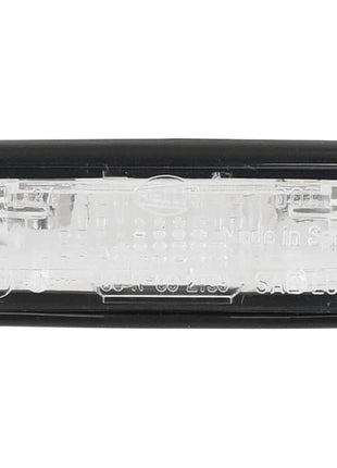 A rectangular clear plastic automotive part with black trim and visible internal components, including a Hella bulb for optimal illumination, known as the Sparex Number Plate Light (Halogen), 12V, RH & LH | Sparex Part Number: S.151738.