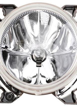 A close-up view of the shiny round Work Light (Halogen) by Sparex (Sparex Part Number: S.151746), with a clear lens, mounted on a metallic frame, showcasing the sleek integration of a halogen bulb.