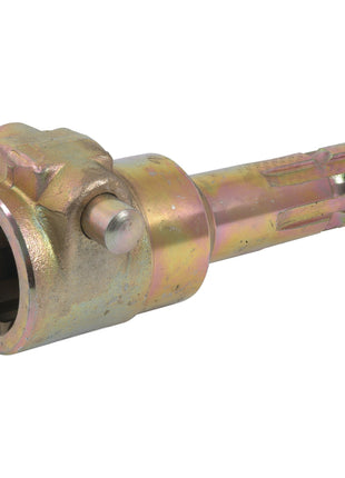 The Sparex PTO Adaptor, S.151770, features a 1 3/4'' - 6 female spline on one end and a 1 3/8'' - 6 male spline with a quick-release pin on the other, ideal for standard duty applications.