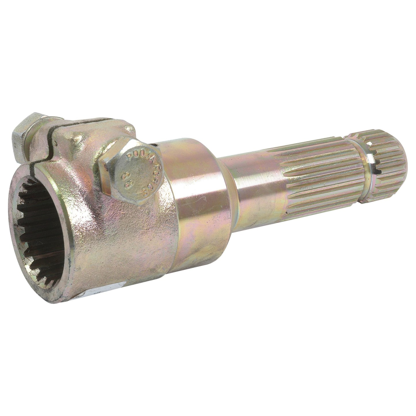 A Sparex PTO Adaptor - Female spline 1 3/4'' - 20 x Male spline 1 3/8'' - 21 with a threaded clamp bolt, S.151771, is a metallic cylindrical mechanical component featuring ridged and grooved sections.