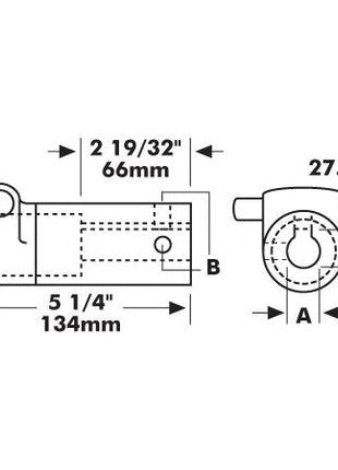 Technical diagram of the PTO Pump Adaptor (Product Name: PTO Pump Adaptor - Bore ⌀15/16'' x Female spline 1 3/8'' - 6 with Grub Screw, S.15229) by Sparex featuring various measurements: 66mm, 27.5mm, 134mm, and additional dimensions labeled A, B, and F. This Standard Duty part is compatible with up to 70HP equipment.